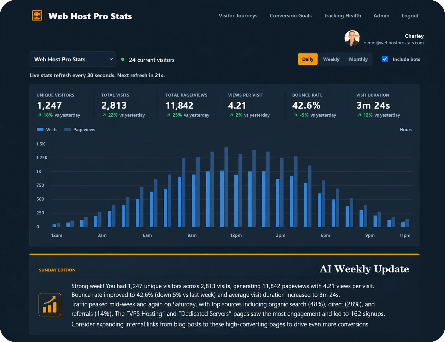 Web Host Pro Stats dashboard showing live website analytics